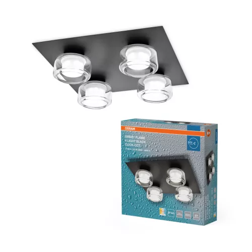 OSRAM Orbis Flame fürdőszobai LED mennyezeti lámpa, beltéri / fedett kültéri, fekete, 1400 lm, 22 W, 3000 K / 4000 K, fém és üveg, IP44, átmérő: 350 mm, kapcsolós színhőmérséklet ( 4099854447945 )