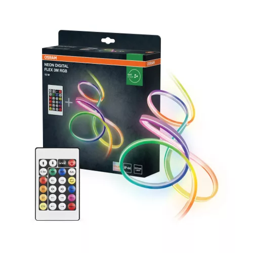 OSRAM digitális neon LED szalag távirányítóval, RGB, beltéri / fedett kültéri, fehér, 120 lm, 15 W, ABS, IP44, hossz: 3000 mm, dimmelhető ( 4099854449055 )