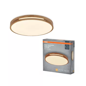   OSRAM Orbis Woodburry kerek LED oldalfali lámpa, beltéri, fa dekor, 1000 lm, 16 W, 3000 K, fém és fa, IP20, átmérő: 300 mm, magasság: 65 mm, kattintásos dimmelhető ( 4099854450846 )