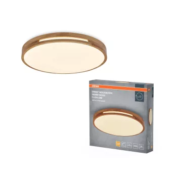   OSRAM Orbis Woodburry kerek LED oldalfali lámpa, beltéri, fa dekor, 1500 lm, 24 W, 3000 K, fém és fa, IP20, átmérő: 390 mm, magasság: 70 mm, kattintásos dimmelhető ( 4099854450860 )