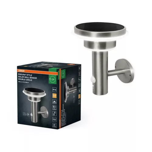 OSRAM ENDURA® napelemes dupla kör LED oldalfali lámpa mozgásérzékelővel, kültéri, rozsdamentes acél, 400 lm, 6 W, 3000 K, rozsdamentes acél, IP44, hossz: 400 mm, magasság: 178 mm, dimmelhető ( 4099854455384 )