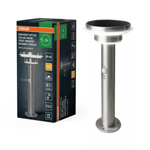 OSRAM ENDURA® napelemes dupla kör kerti álló LED lámpa mozgásérzékelővel, kültéri, rozsdamentes acél, 400 lm, 6 W, 3000 K, rozsdamentes acél, IP44, magasság: 400 mm, dimmelhető ( 4099854455469 )