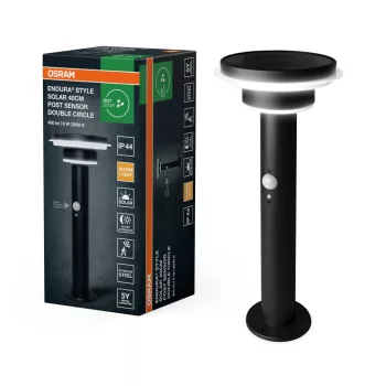   OSRAM ENDURA® napelemes dupla kör kerti álló LED lámpa mozgásérzékelővel, kültéri, fekete, 400 lm, 6 W, 3000 K, rozsdamentes acél, IP44, magasság: 400 mm, dimmelhető ( 4099854455520 )