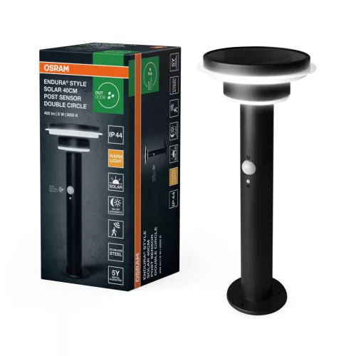 OSRAM ENDURA® napelemes dupla kör kerti álló LED lámpa mozgásérzékelővel, kültéri, fekete, 400 lm, 6 W, 3000 K, rozsdamentes acél, IP44, magasság: 400 mm, dimmelhető ( 4099854455520 )