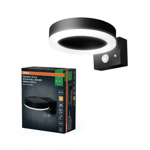 OSRAM ENDURA® napelemes egyszeres kör LED oldalfali lámpa mozgásérzékelővel, kültéri, fekete, 400 lm, 6 W, 3000 K, (PC) és ABS, IP44, hossz: 200 mm, dimmelhető ( 4099854455568 )