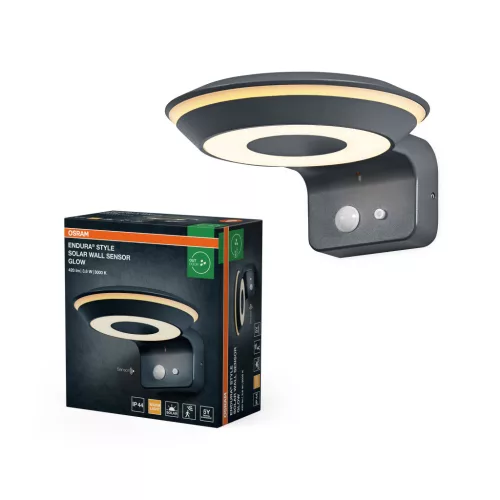 OSRAM ENDURA® napelemes Glow LED oldalfali lámpa mozgásérzékelővel, kültéri, sötétszürke, 180 lm, 3,6 W, 3000 K, alumínium és (PC), IP44, hossz: 160 mm ( 4099854455674 )