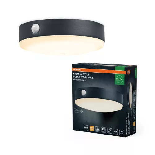 OSRAM ENDURA® napelemes Tossa LED oldalfali lámpa mozgásérzékelővel, kültéri, fekete, 500 lm, 6 W, 3000 K, alumínium, IP44, hossz: 160 mm ( 4099854455698 )