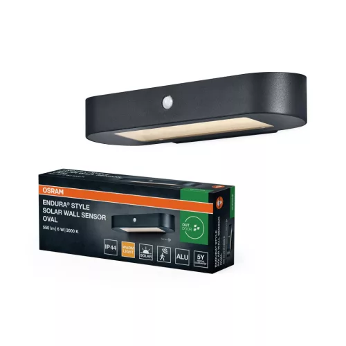 OSRAM ENDURA® napelemes LED oldalfali lámpa mozgásérzékelővel, kültéri, fekete, 540 lm, 6 W, 3000 K, alumínium, IP44, hossz: 340 mm ( 4099854455711 )