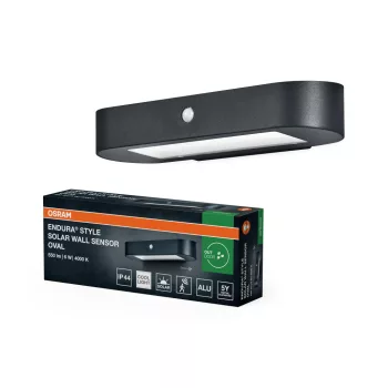   OSRAM ENDURA® napelemes LED oldalfali lámpa mozgásérzékelővel, kültéri, fekete, 540 lm, 6 W, 4000 K, alumínium, IP44, hossz: 340 mm ( 4099854455735 )