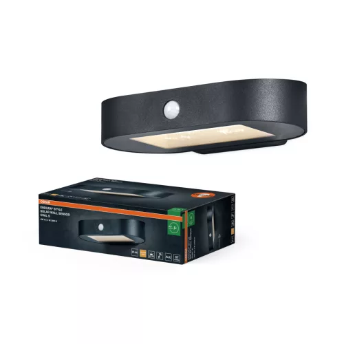 OSRAM ENDURA® napelemes LED oldalfali lámpa mozgásérzékelővel, kültéri, fekete, 380 lm, 4 W, 3000 K, alumínium, IP44, hossz: 200 mm ( 4099854455759 )