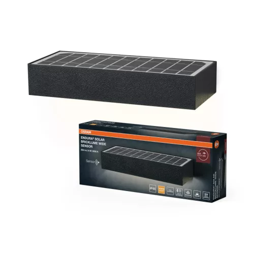 OSRAM ENDURA® napelemes széles Bricklume LED oldalfali lámpa mozgásérzékelővel, kültéri, sötétszürke, 850 lm, 6 W, 3000 K, (PC), IP65, hossz: 230 mm ( 4099854455858 )