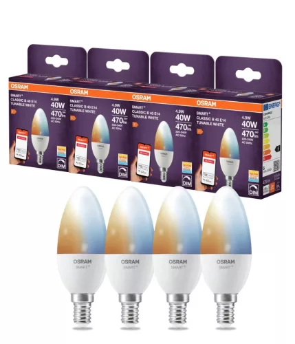 OSRAM SMART+ Zigbee Tunable White LED izzó, gyertya, matt búra, E14, 4,9W, 470lm, 2700K meleg fehér