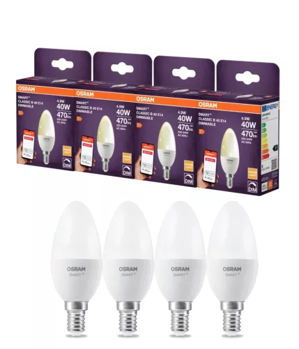 OSRAM SMART+ Zigbee dimmelhető LED izzó, gyertya, matt búra, E14, 4,9W, 470lm, 2700K meleg fehér