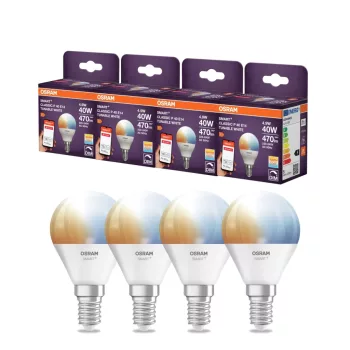 OSRAM SMART+ Zigbee Tunable White LED izzó, kisgömb forma, matt búra, E14, 4,9W, 470lm, 2700K meleg 