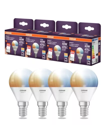 OSRAM SMART+ Zigbee Tunable White LED izzó, kisgömb forma, matt búra, E14, 4,9W, 470lm, 2700K meleg 