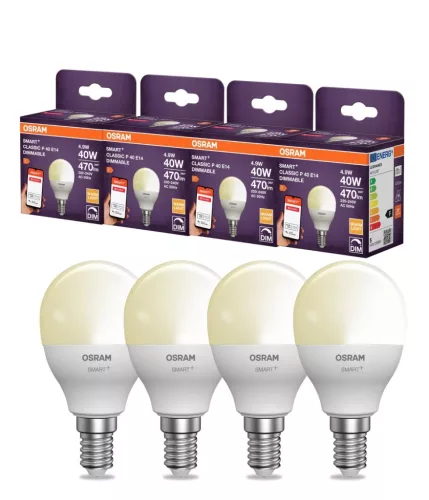 OSRAM SMART+ Zigbee dimmelhető LED izzó, kisgömb forma, matt búra, E14, 4,9W, 470lm, 2700K meleg feh