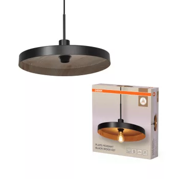   OSRAM Dekor tányér függő lámpa, beltéri, fa dekor, fekete, E27, acél, IP20, átmérő: 400 mm, hossz: 1270 mm ( 4099854461057 )