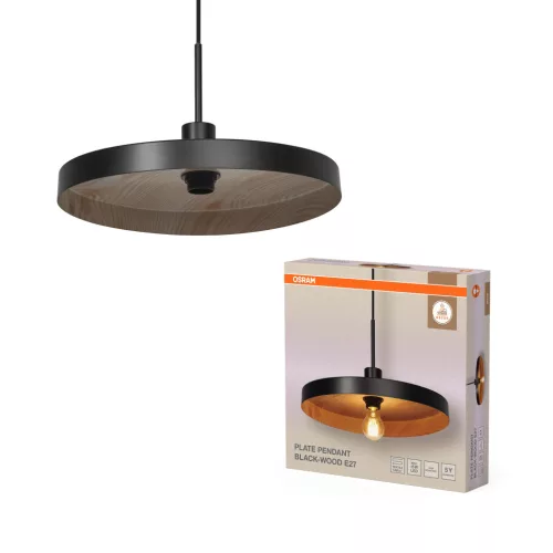 OSRAM Dekor tányér függő lámpa, beltéri, fa dekor, fekete, E27, acél, IP20, átmérő: 400 mm, hossz: 1270 mm ( 4099854461057 )