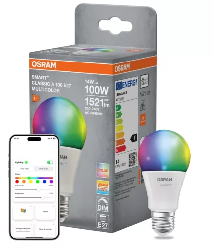 OSRAM SMART+ Matter LED izzó, körte forma, matt plasztik, E27 foglalat, 14W, RGB állítható