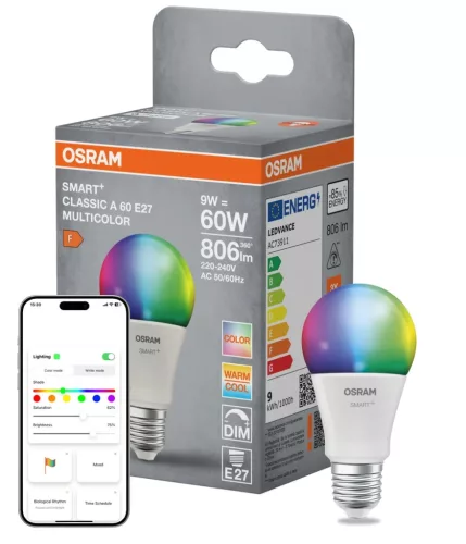 OSRAM SMART+ Matter LED izzó, körte forma, matt plasztik, E27 foglalat, 9W, RGB állítható