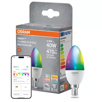 OSRAM SMART+ Matter LED izzó, gyertya forma, matt plasztik, E14 foglalat, 4,9W, RGB állítható