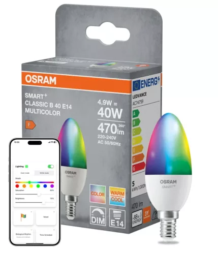 OSRAM SMART+ Matter LED izzó, gyertya forma, matt plasztik, E14 foglalat, 4,9W, RGB állítható