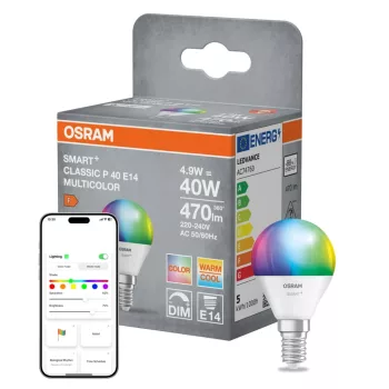 OSRAM SMART+ Matter LED izzó, kisgömb forma, matt plasztik, E14 foglalat, 4,9W, RGB állítható
