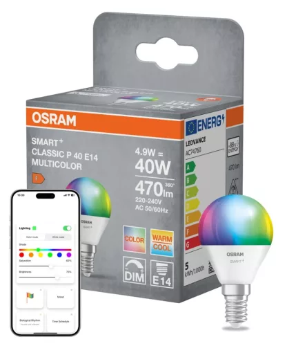 OSRAM SMART+ Matter LED izzó, kisgömb forma, matt plasztik, E14 foglalat, 4,9W, RGB állítható