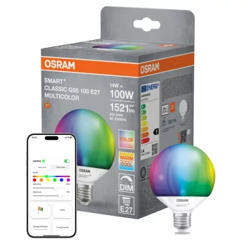 OSRAM SMART+ Matter LED izzó, Globe forma, matt plasztik, E27 foglalat, 14W, RGB állítható, 1521lm