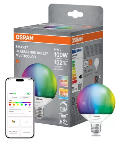 OSRAM SMART+ Matter LED izzó, Globe forma, matt plasztik, E27 foglalat, 14W, RGB állítható, 1521lm