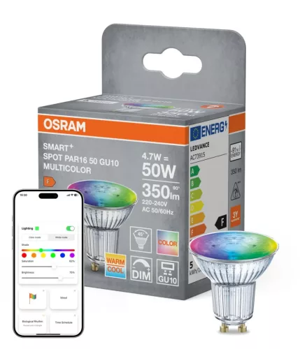 OSRAM SMART+ Matter LED spot, PAR16, matt plasztik, GU10 foglalat, 4,7W, RGB állítható, 350lm