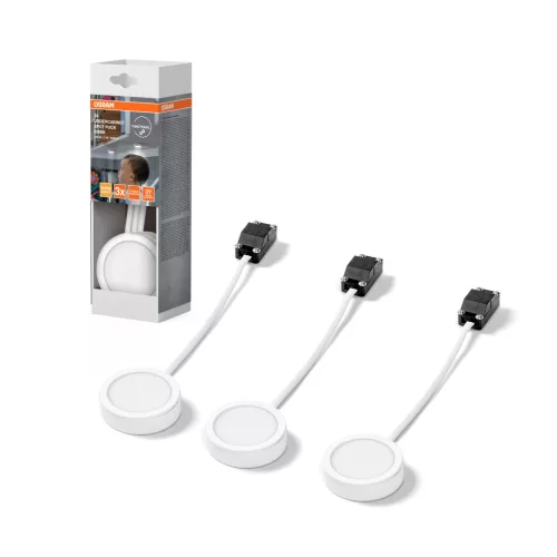 OSRAM Undercabinet LED bútor alatti pultmegvilágító, beltéri, fehér, 250 lm, 3 × 3 W, 3000 K, alumínium és műanyag, IP20, átmérő: 65 mm, 3 db-os szett ( 4099854462412 )