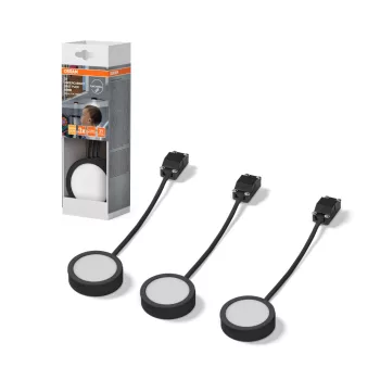   OSRAM Undercabinet LED bútor alatti pultmegvilágító, beltéri, fekete, 250 lm, 3 × 3 W, 3000 K, alumínium és műanyag, IP20, átmérő: 65 mm, 3 db-os szett ( 4099854462436 )