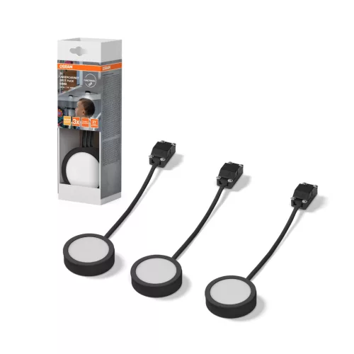 OSRAM Undercabinet LED bútor alatti pultmegvilágító, beltéri, fekete, 250 lm, 3 × 3 W, 3000 K, alumínium és műanyag, IP20, átmérő: 65 mm, 3 db-os szett ( 4099854462436 )