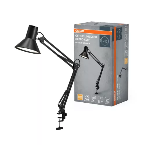 OSRAM Office Line LED csíptetős asztali lámpa, retro stílus, beltéri, fekete, 393 lm, 9 W, 3000 K, acél és műanyag, IP20, magasság: 670 mm, dimmelhető ( 4099854464034 )
