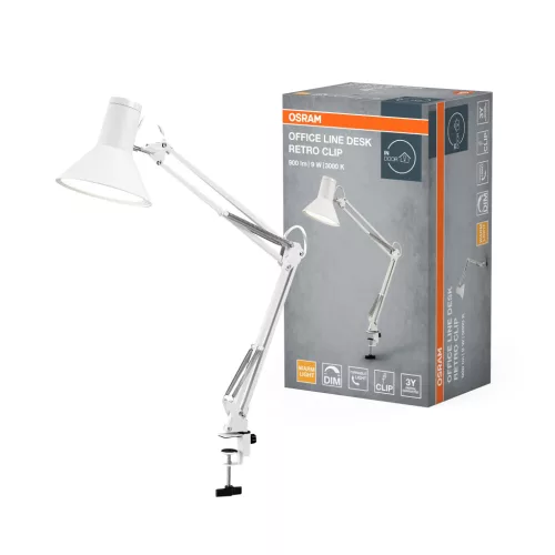 OSRAM Office Line LED csíptetős asztali lámpa, retro stílus, beltéri, fehér, 617 lm, 9 W, 3000 K, acél és műanyag, IP20, magasság: 670 mm, dimmelhető ( 4099854464072 )