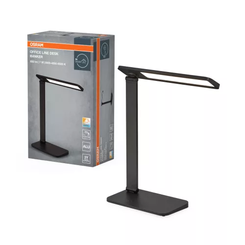 OSRAM Office Line LED asztali lámpa, banker stílus, beltéri, fekete, 418 lm, 7 W, 3000–6500 K, alumínium és ABS, IP20, magasság: 374 mm, dimmelhető ( 4099854464157 )