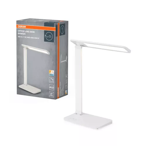 OSRAM Office Line LED asztali lámpa, banker stílus, beltéri, fehér, 528 lm, 7 W, 3000–6500 K, alumínium és ABS, IP20, magasság: 374 mm, dimmelhető ( 4099854464171 )