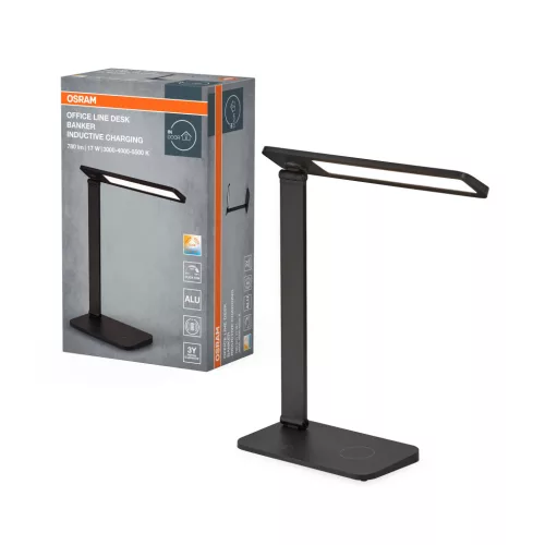 OSRAM Office Line LED asztali lámpa indukciós töltővel, banker stílus, beltéri, fekete, 465 lm, 17 W, 3000–6500 K, alumínium és ABS, IP20, magasság: 374 mm, dimmelhető ( 4099854464195 )