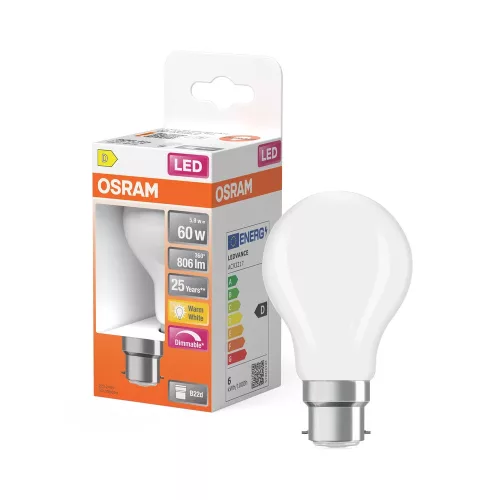 OSRAM Superstar dimm. LED izzó, matt plasztik búra, B22d foglalat, 5,9W, 806lm, 2700K meleg fehér