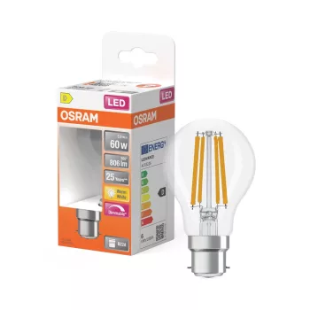 OSRAM Superstar dimm. LED izzó, átlátszó üveg búra, B22d foglalat, 5,9W, 806lm, 2700K meleg fehér