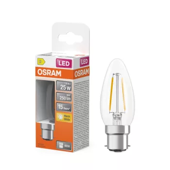 OSRAM Star LED izzó gyertya forma, átlátszó üveg búra, B22d foglalat, 1,8W, 250lm, 2700K meleg fehér
