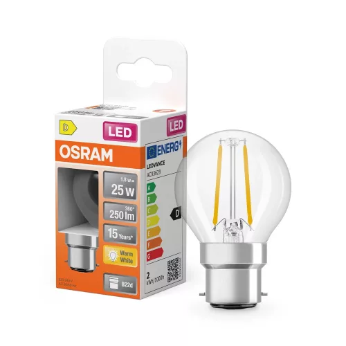 OSRAM Star LED izzó kisgömb forma, átlátszó üveg búra, B22d foglalat, 1,8W, 250lm, 2700K meleg fehér
