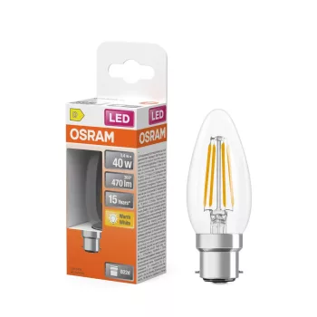 OSRAM Star LED izzó gyertya forma, átlátszó üveg búra, B22d foglalat, 3,4W, 470lm, 2700K meleg fehér