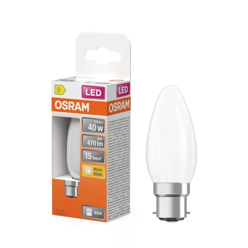 OSRAM Star LED izzó gyertya forma, matt plasztik búra, B22d foglalat, 3,4W, 470lm, 2700K meleg fehér