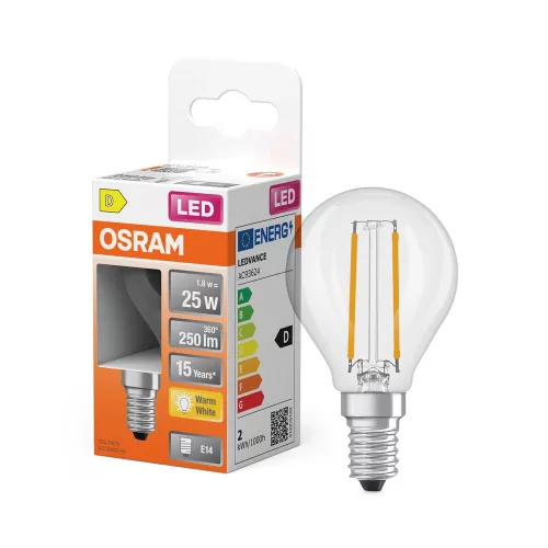 OSRAM Star LED izzó kisgömb forma, átlátszó üveg búra, E14 foglalat, 1,8W, 250lm, 2700K meleg fehér