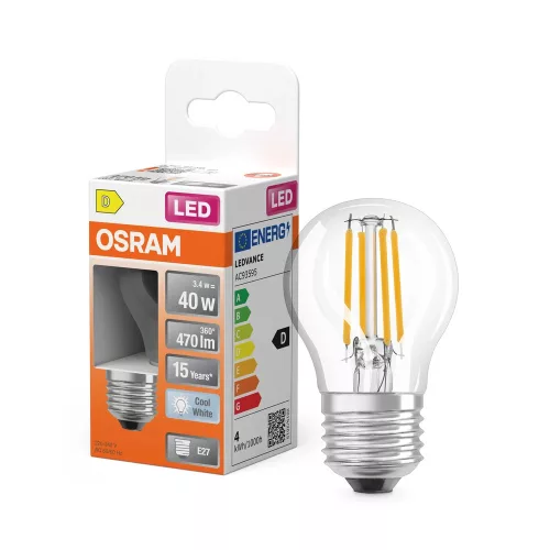 OSRAM Star LED kisgömb izzó, átlátszó üveg búra, E27 foglalat, 3,4W, 470lm, 4000K semleges fehér