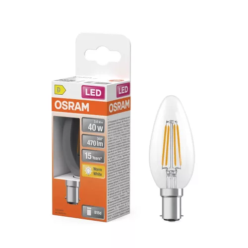 OSRAM Star LED gyertya izzó, átlátszó üveg, B15d foglalat, 3,4W, 2700K, 470lm, meleg fehér