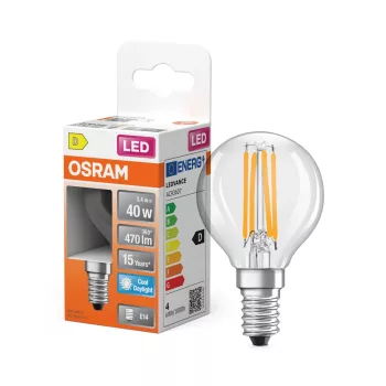OSRAM Star LED izzó kisgömb forma, átlátszó üveg búra, E14 foglalat, 3,4W, 470lm, 6500K hideg fehér