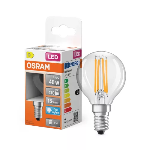 OSRAM Star LED izzó kisgömb forma, átlátszó üveg búra, E14 foglalat, 3,4W, 470lm, 6500K hideg fehér